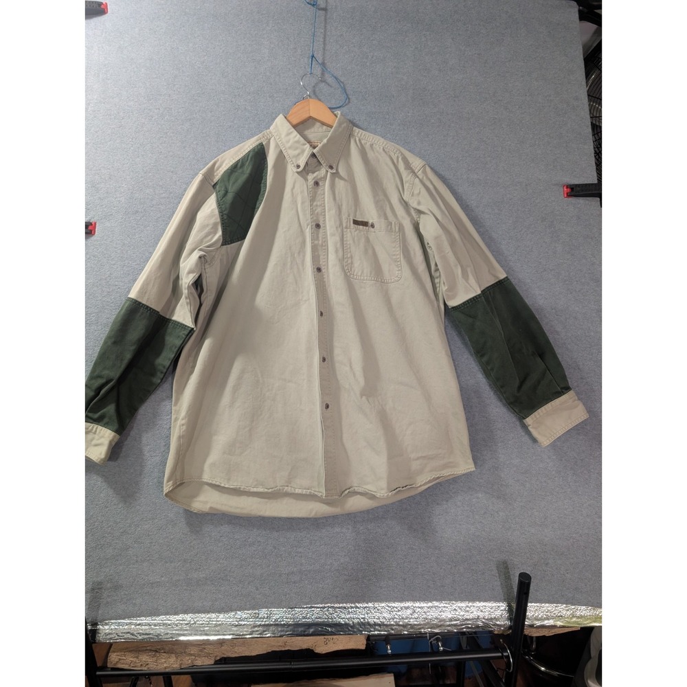 Woolrich Button Down Shooting Shirt Mens XL Tall Beige Hunting Patch Cotton VTG